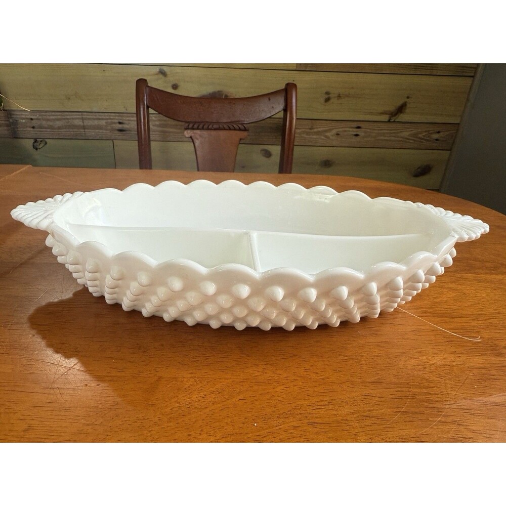 Vintage Fenton Glass Oval Pickle Relish Dish Hobnail 3 Sections White Milk Glass